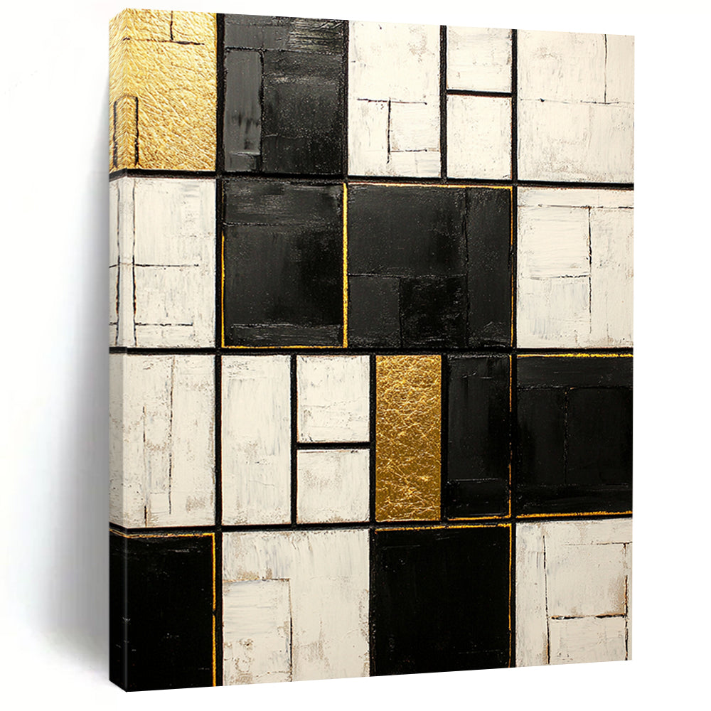 Black, White, Gold, Patchwork Squares "Gilded Mosaic" Abstract Neo - Platicist Painting On Canvas HB147