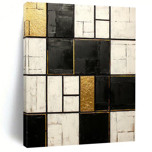 Black, White, Gold, Patchwork Squares "Gilded Mosaic" Abstract Neo - Platicist Painting On Canvas HB147