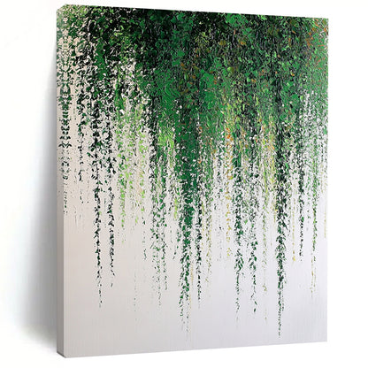 Large contemporary hand-painted abstract artwork featuring a weeping willow with green leaves and soft textures against a white background. DLZ1707