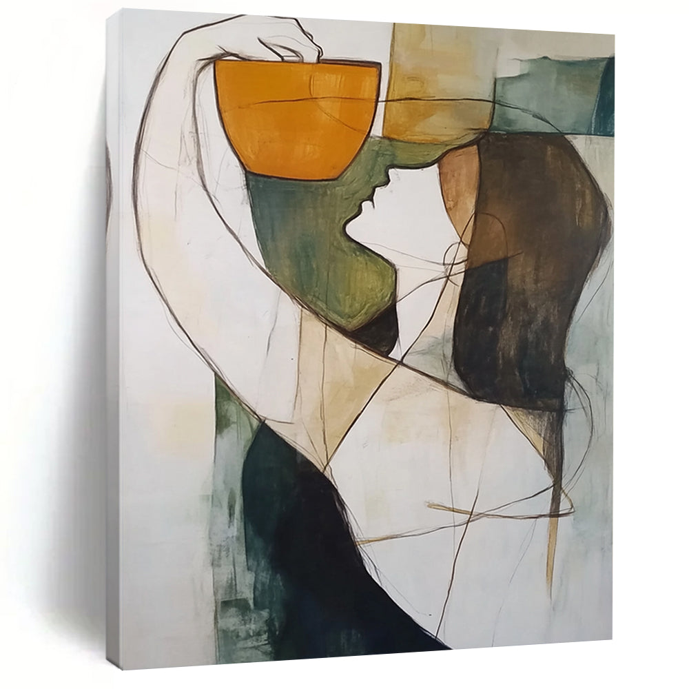 Contemporary abstract artwork featuring a figure cradling an orange cup against a soothing blend of gray green black and blue tones. DLZ1302