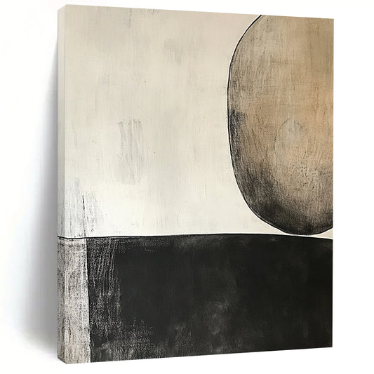 Contemporary hand-painted abstract art featuring a dark gray oval and dual brown circle on light beige background, inspired by minimalist design and Robert Motherwell. DLZ0958