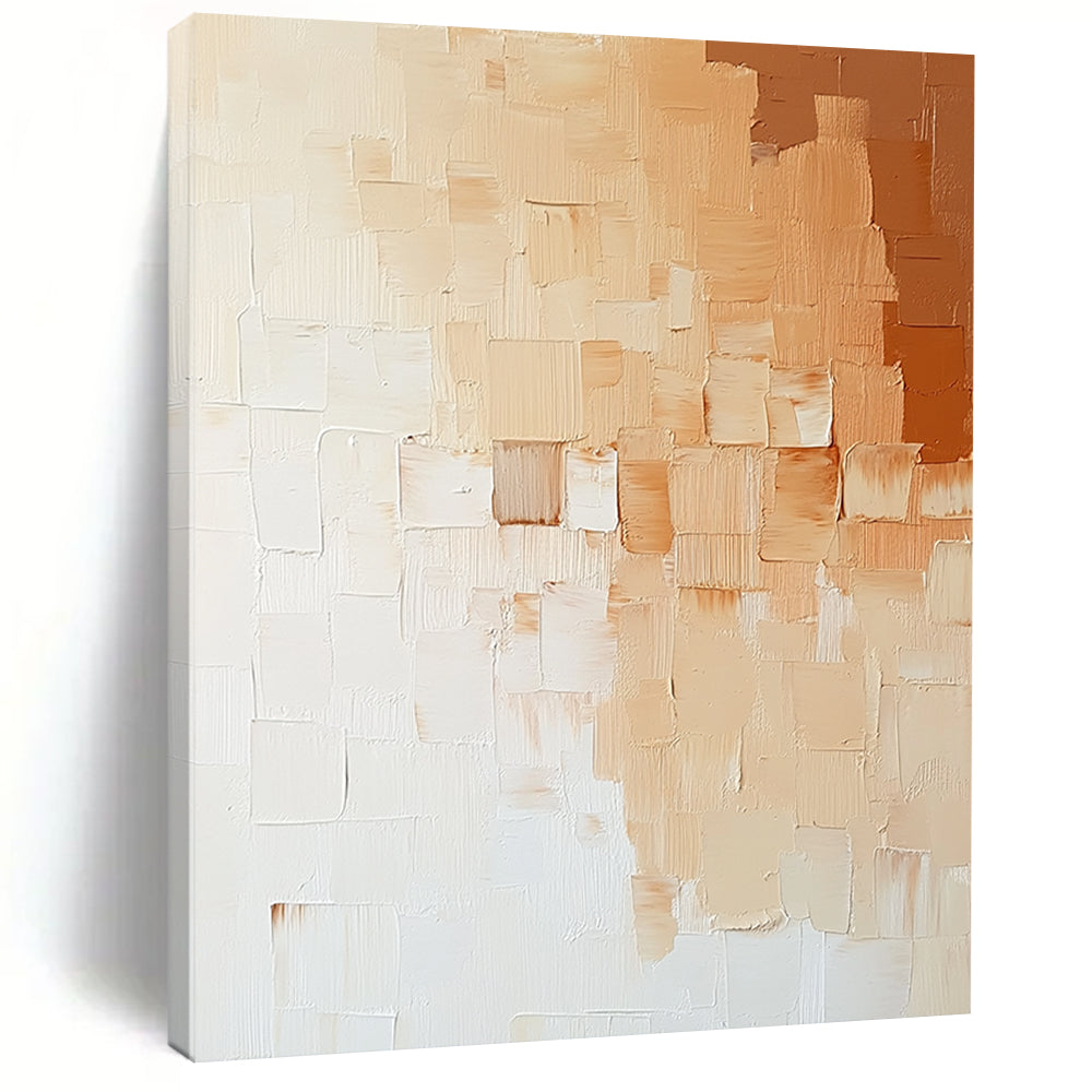 Contemporary abstract painting featuring thick impasto strokes in neutral tones, capturing a minimalist brick wall in elegant beige, white, and light orange hues. DLZ1198
