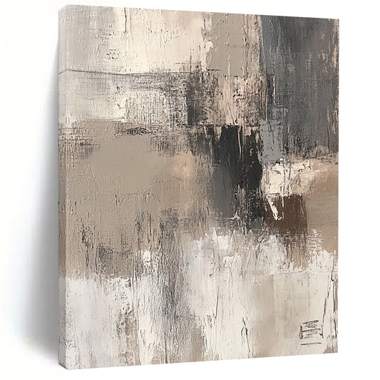 Contemporary hand-painted abstract art features beige and white brushstrokes on a textured gray background for a dreamy rustic charm. DLZ1133