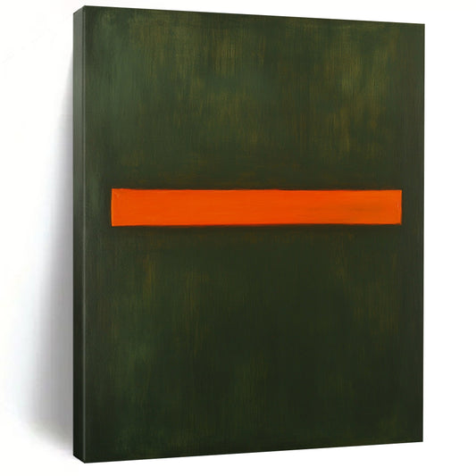 Contemporary hand-painted abstract art featuring a striking orange bar on a dark green background showcasing minimalist elegance and powerful color contrast. DLZ1639