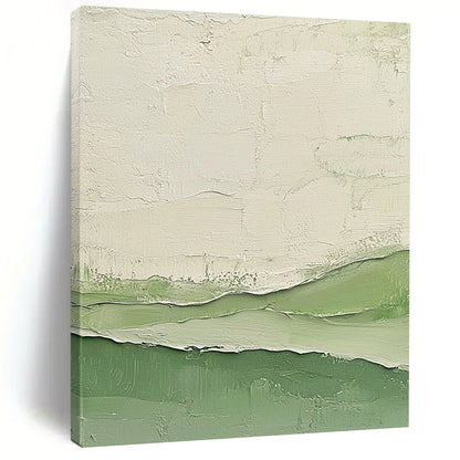 Contemporary abstract artwork featuring impasto technique with calm green and white tones and layered cream swatches evocative of serene water waves. DLZ1350