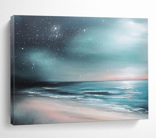 “Aurora Beach” - Teals, Pinks, Purples, Beach Under a Starry, Aurora - Like Sky - Impasto Oil Painting HB1742
