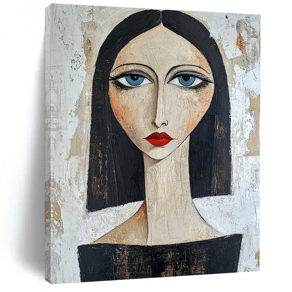 Contemporary hand-painted portrait showcasing confidence with blue eyes and red lips against a textured white backdrop featuring dark hair and a black top. DLZ1442