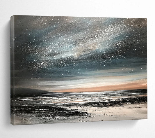 “Starry Night Coastal” - Black, Gray, Silver, Orange, Dreamy Night Sky & Sea Scenes Painting On Canvas HB1025