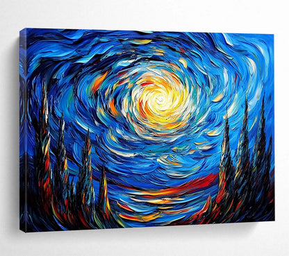 “Swirling Starry Night” - Deep Blues, Bright Yellows, Oranges, Dynamic Starry Sky - Impasto Oil Painting HB1721