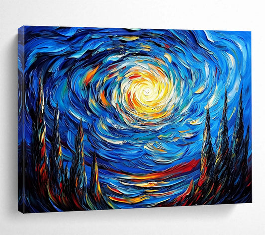 “Swirling Starry Night” - Deep Blues, Bright Yellows, Oranges, Dynamic Starry Sky - Impasto Oil Painting HB1721