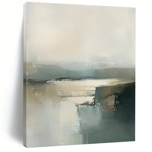Contemporary abstract art featuring an Irish landscape with expressive brush strokes in grey and green tones and a hazy neutral palette. DLZ0461