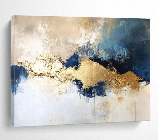 “Textured Gold - Blue - Gray Clouds” - Gold, Blue, Gray, White, Cloud - Like Shapes Painting On Canvas HB0823