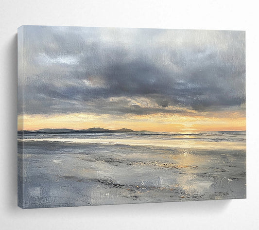 “Stormy Sunset Beach” - Grays, Oranges, Yellows, Coastal Sunset - Impressionist Oil Painting HB1595
