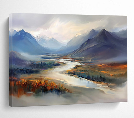 Misty Mountain Valley with River - Ethereal Landscape Painting On Canvas HB0452