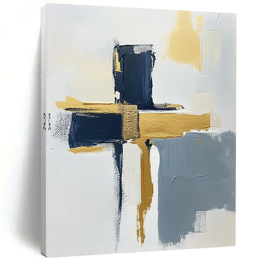 Contemporary hand-painted abstract art featuring a minimalist cross design on a textured canvas with gold highlights navy blue and gray accents. DLZ0592