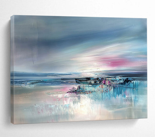 “Abstract Seaside Blush” - Blue, Pink, Gray, Dreamy Coastal Horizon Painting On Canvas HB1031