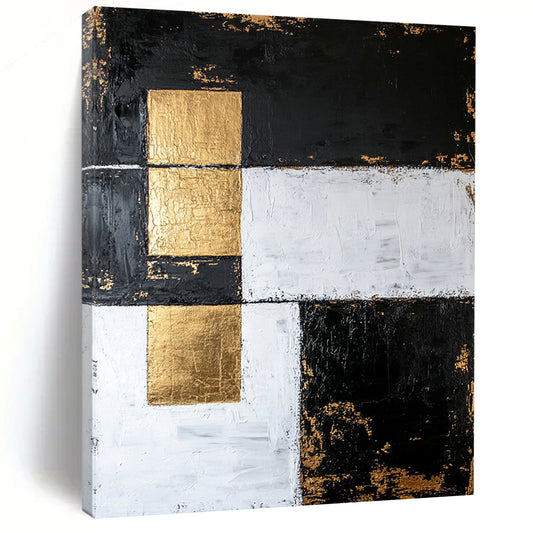 Black, White, Gold, Patchwork Squares "Gilded Fragmented Squares" Abstract Modernist Painting On Canvas HB158