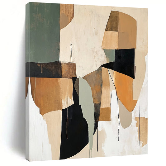 Contemporary abstract painting showcases loose brushwork with earthy beige and sage green shapes accented by brown black white and orange. DLZ0755