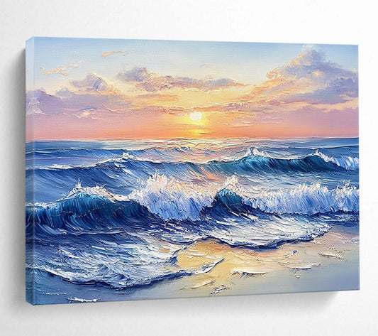 “Sunset Sea Waves” - Blues, Oranges, Yellows, Ocean Waves at Sunset - Impasto Oil Painting HB1706