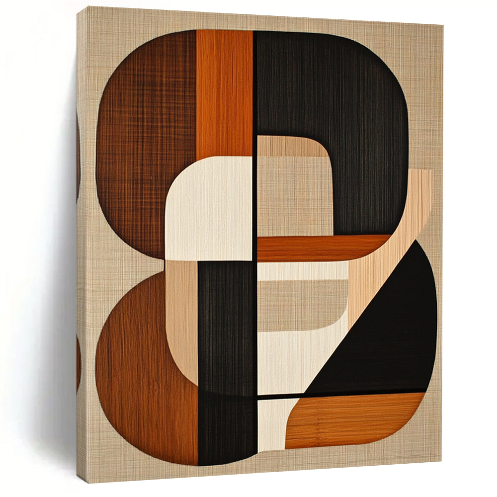Contemporary hand-painted abstract artwork featuring mid-century modern shapes in earth tones with black lines on a beige background. DLZ1599
