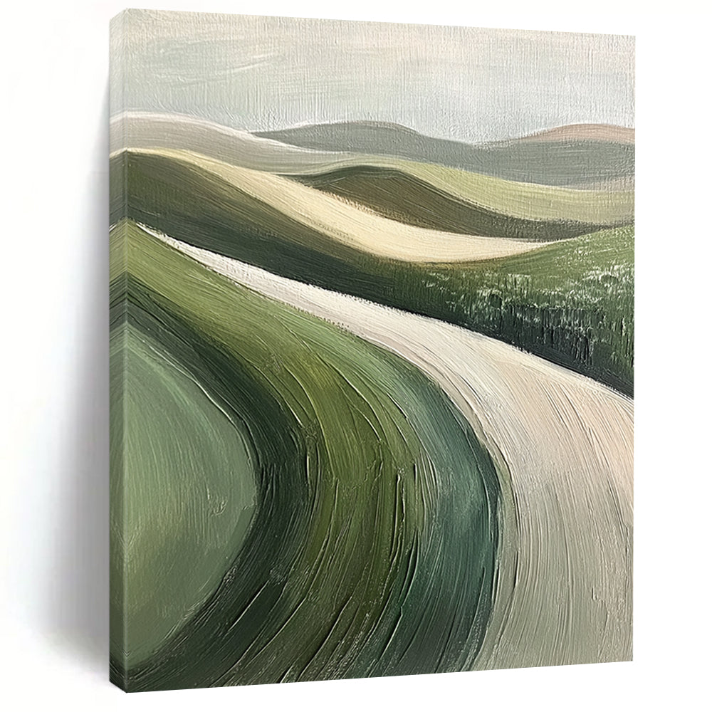Contemporary hand-painted abstract art featuring rolling green hills, textured brushstrokes, muted colors, soft focus, and a minimalist impressionist style. DLZ1107