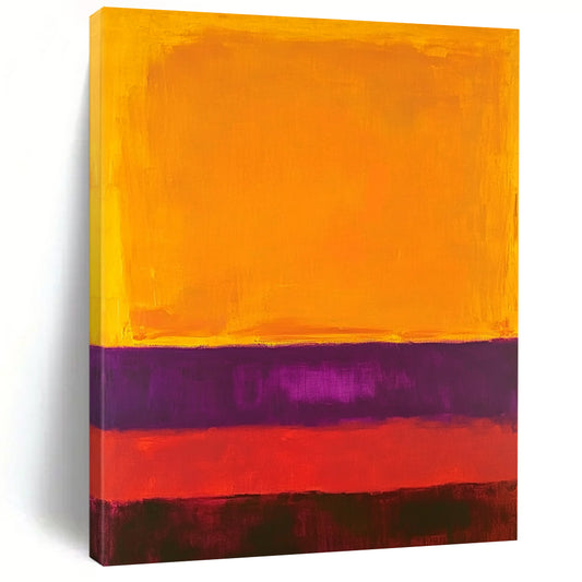 Contemporary hand-painted abstract artwork featuring vivid orange yellow and purple hues in a minimalist composition. Perfect for modern decor. DLZ1594