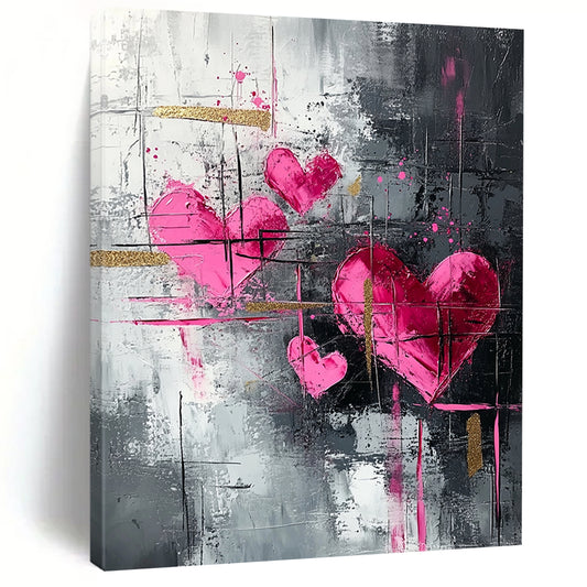 Pink Hearts, Gray Background & Gold Accents - “Elegant Romantic Fusion” Painting On Canvas HB213