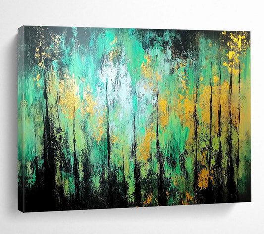 “Enchanted Forest Abstract” - Green, Teal, Gold, Black with Tree - like Forms - Painting On Canvas HB1382