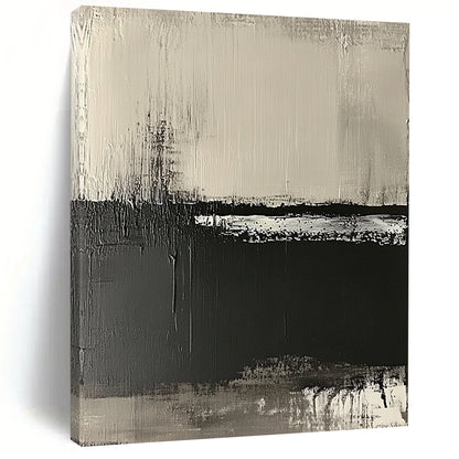Contemporary hand-painted abstract artwork on textured canvas featuring neutral tones and a striking black-and-white horizon landscape. DLZ0679