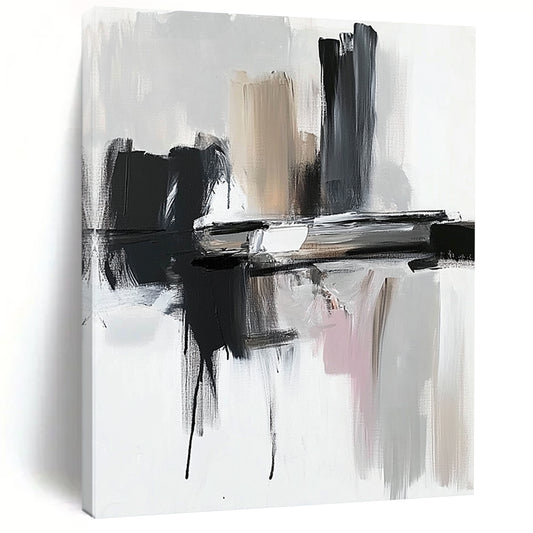 Contemporary abstract painting featuring thick brushstrokes in black and gray against a white backdrop showcasing dynamic shapes and textures. DLZ0772