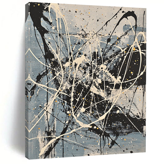 Gray, Black, White, Yellow, Splattered Cords "Dynamic Network" Abstract Expressionist Painting On Canvas HB066