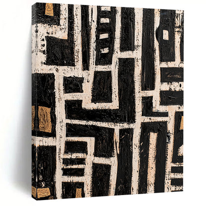 Black, White and Gold Geometric Maze "Labyrinthine Path" Painting On Canvas HB341