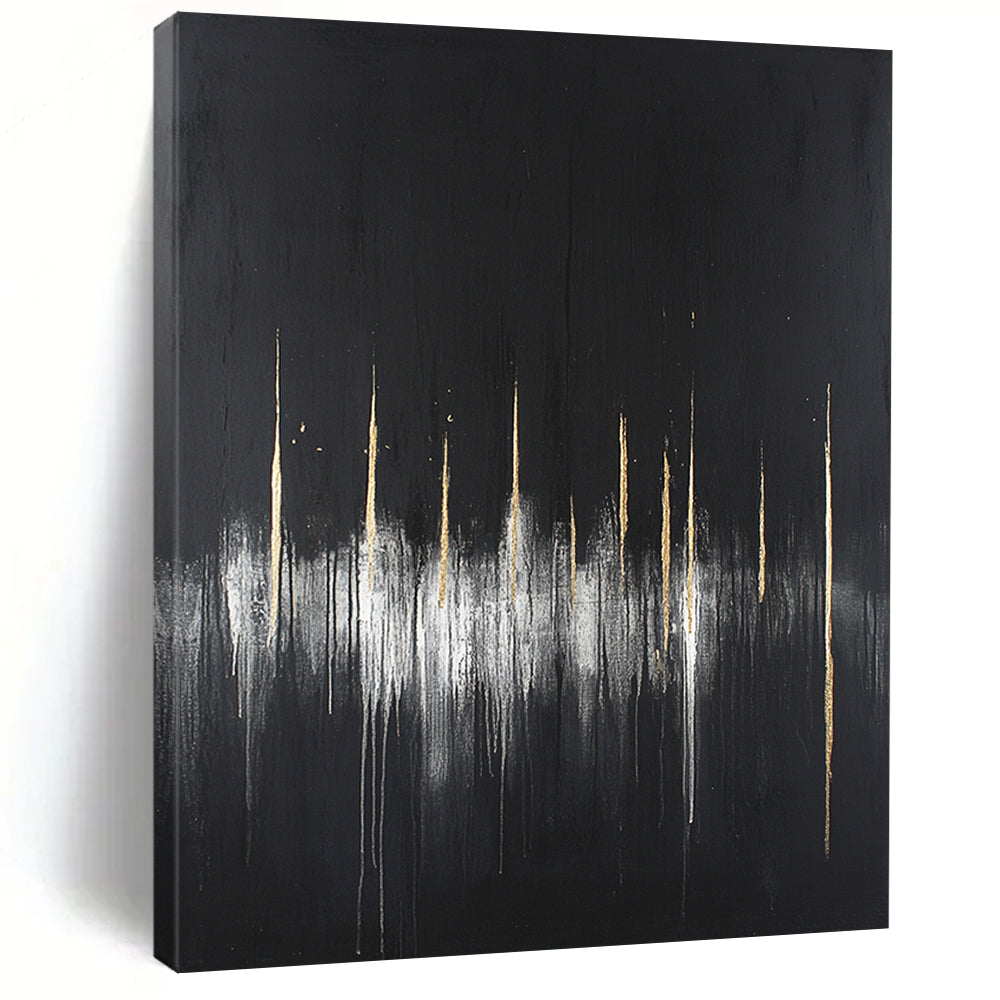 Black, Gold, White, Vertical Drips "Gilded Rain" Abstract Minimalist Painting On Canvas HB085