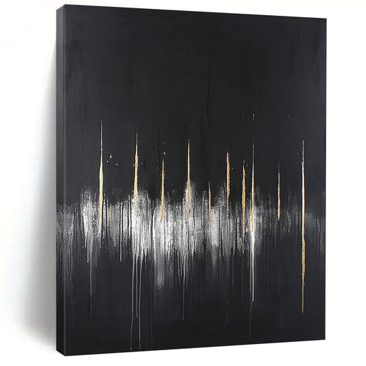 Black, Gold, White, Vertical Drips "Gilded Rain" Abstract Minimalist Painting On Canvas HB085