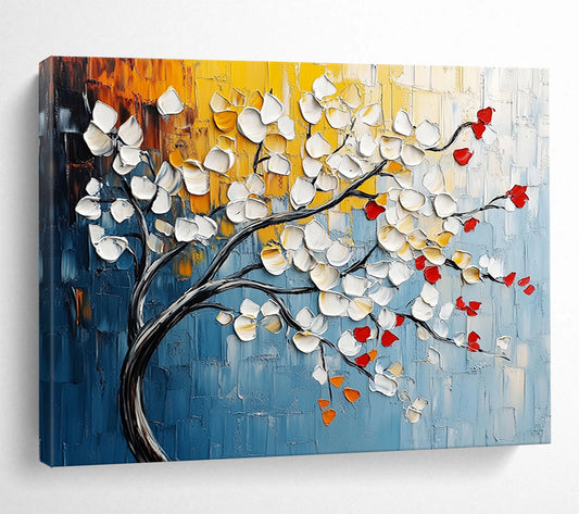 “Textured Blossom Branch” - White, Red, Yellow, Blue - Impasto Floral Branch - Acrylic Painting HB1330
