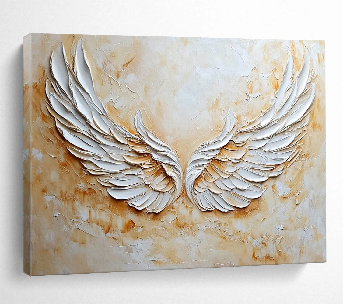 “3D White Angel Wings” - White, Beige, Textured 3D Wings Painting On Canvas HB0781