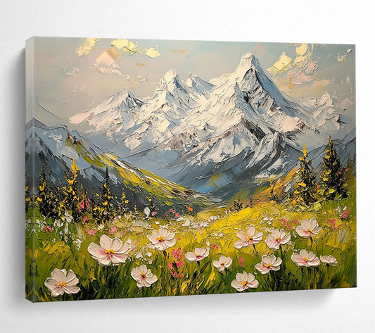 “Snowy Peaks & Flower Fields” - Whites, Greens, Yellows, Snow - capped Mountains & Wildflowers - Impasto Oil Painting HB1596