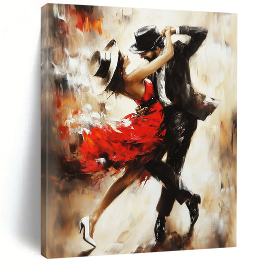 Vibrant contemporary abstract art capturing tango dancers in flowing movements with expressive brush strokes and a dynamic composition in cool tones. DLZ1114