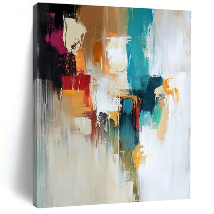 Contemporary hand-painted abstract art with soft colors and thick brushstrokes featuring beige, white, teal, green, orange, and brown tones. DLZ1055