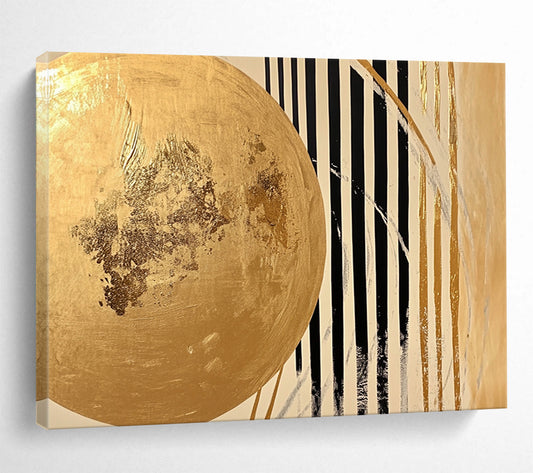 “Gold - Black Striped Abstract” - A gold circle with black and white stripes, Abstract Geometric Painting On Canvas HB0555