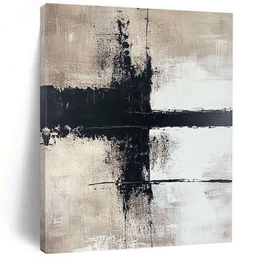 Large contemporary hand-painted abstract art featuring bold brushstrokes on a beige background with high contrast and a minimalist style creating strong visual impact. DLZ0507
