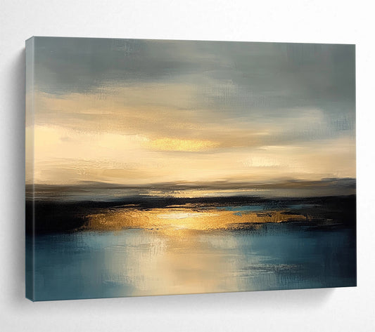 “Golden Sunset Reflection” - Gray, Gold, Blue - Abstract Sunset Over Water - Acrylic Painting HB1306