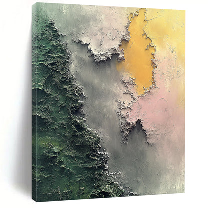 Contemporary hand-painted abstract art features aerial topography in soft greens and grays with islands in light pink and dark gray evoking mystery. DLZ0568