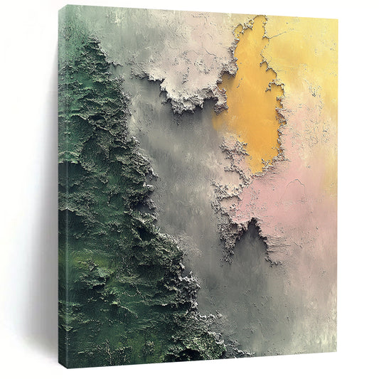 Contemporary hand-painted abstract art features aerial topography in soft greens and grays with islands in light pink and dark gray evoking mystery. DLZ0568