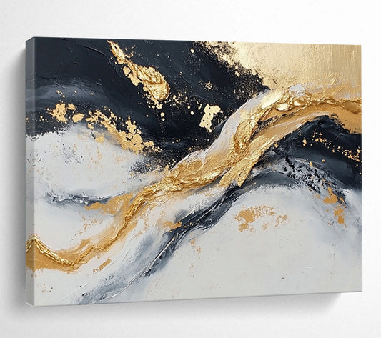 “Textured Gold - Black Wave Motion” - Gold, Black, Gray, Textured Waves Painting On Canvas HB0809