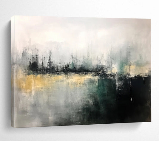 “Gray - Green Abstract Cityscape” - Gray, Green, Abstract Cityscape Painting On Canvas HB1112