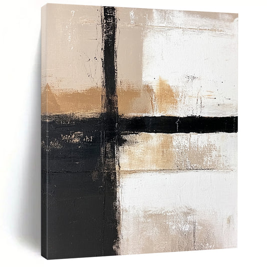 Contemporary hand-painted abstract artwork featuring a white background, bold black lines, and striking brown and beige color blocks. DLZ1650