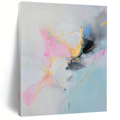 Large contemporary hand-painted abstract artwork featuring soft pastel colors and elegant golden lines in pink white blue yellow light gray and black. DLZ1061