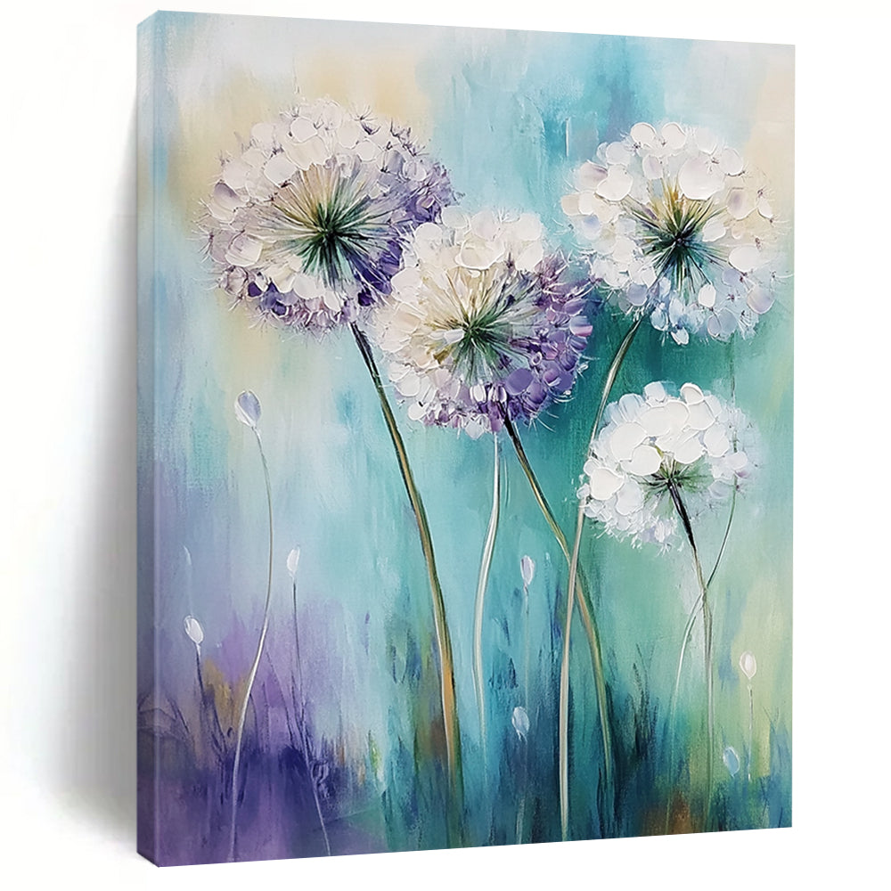 Contemporary abstract art featuring white alliums swaying in the wind with soft pale purple and teal hues in a gentle focus style. DLZ1730