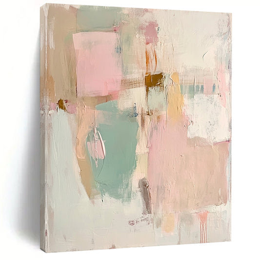 Contemporary hand-painted abstract artwork featuring soft pinks greens and whites highlighting textured beige paper with faded pastel shapes and forms. DLZ1062